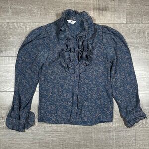 Vintage Jonathan Martin Navy Paisley Ruffle Jabot Blouse Long Sleeve Top